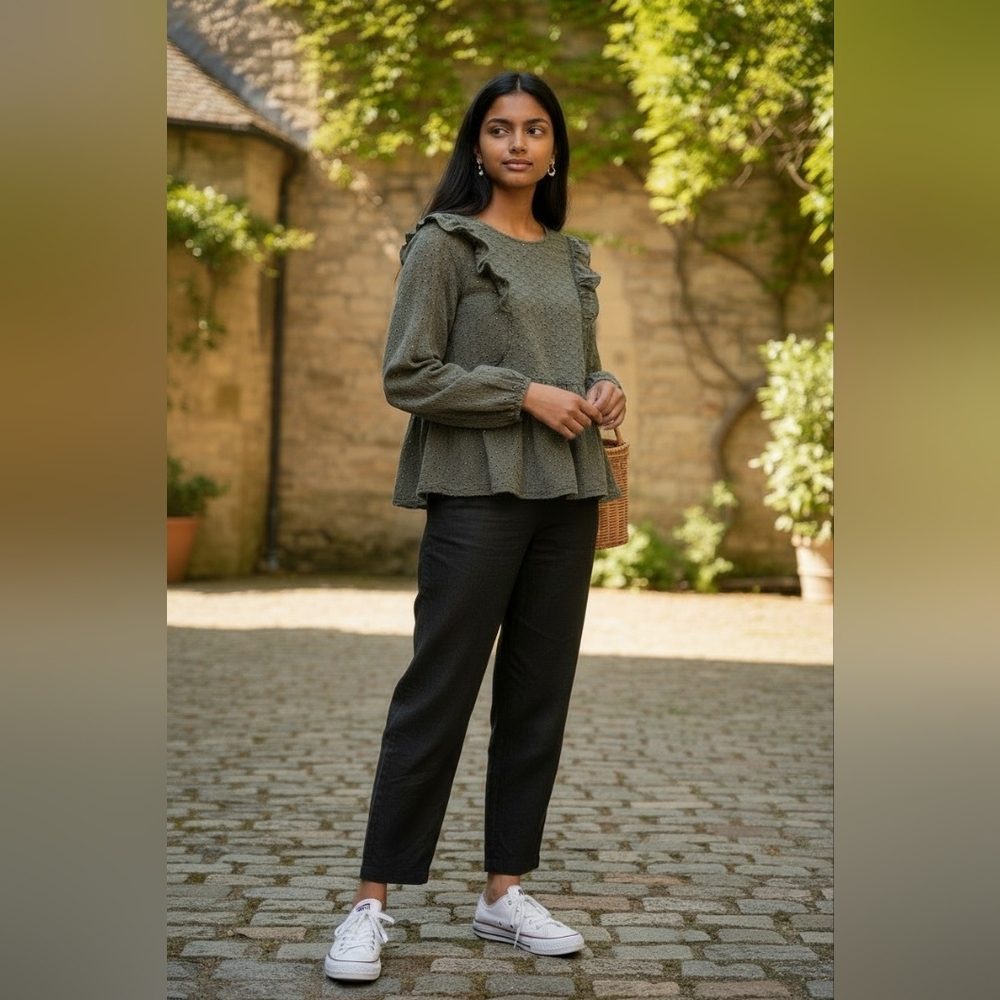 Ruffled Peplum Blouse in Olive Green - Women's Earthy Fairy Cottage Eyele